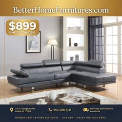 Modern Grey Leather Sectional Sofa- shop now pay later $39 down