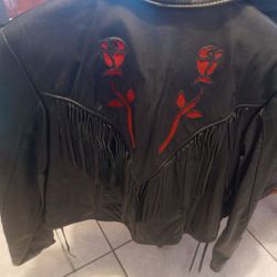 Red And Black Leather Jacket With Fringe