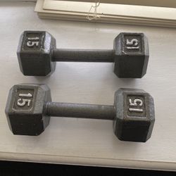 2  15 Lb  CAST IRON HEX DUMBELLS WEIGHT WEIGHTLIFTING