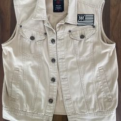 Denim vest with distressed American Flag patch and graphic, Size M. Unisex
