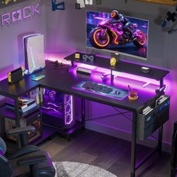 40 Inch Gaming Desk with USB Power Outlets and LED Lights, Reversible L Shaped Computer Desk with Storage Shelves & Monitor Stand, Corner Home Office 