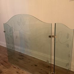 Three Fold Etched Glass Folding Glass Fireplace Screen Spark Guard 