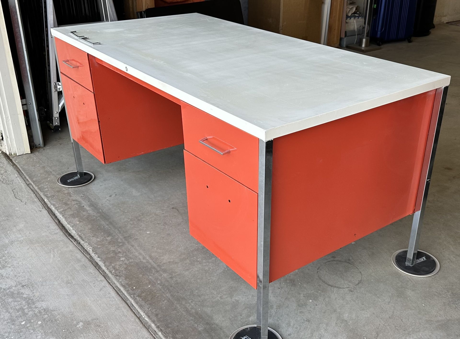 1970s Vintage Retro Orange White Solid Metal And Chrome Desk