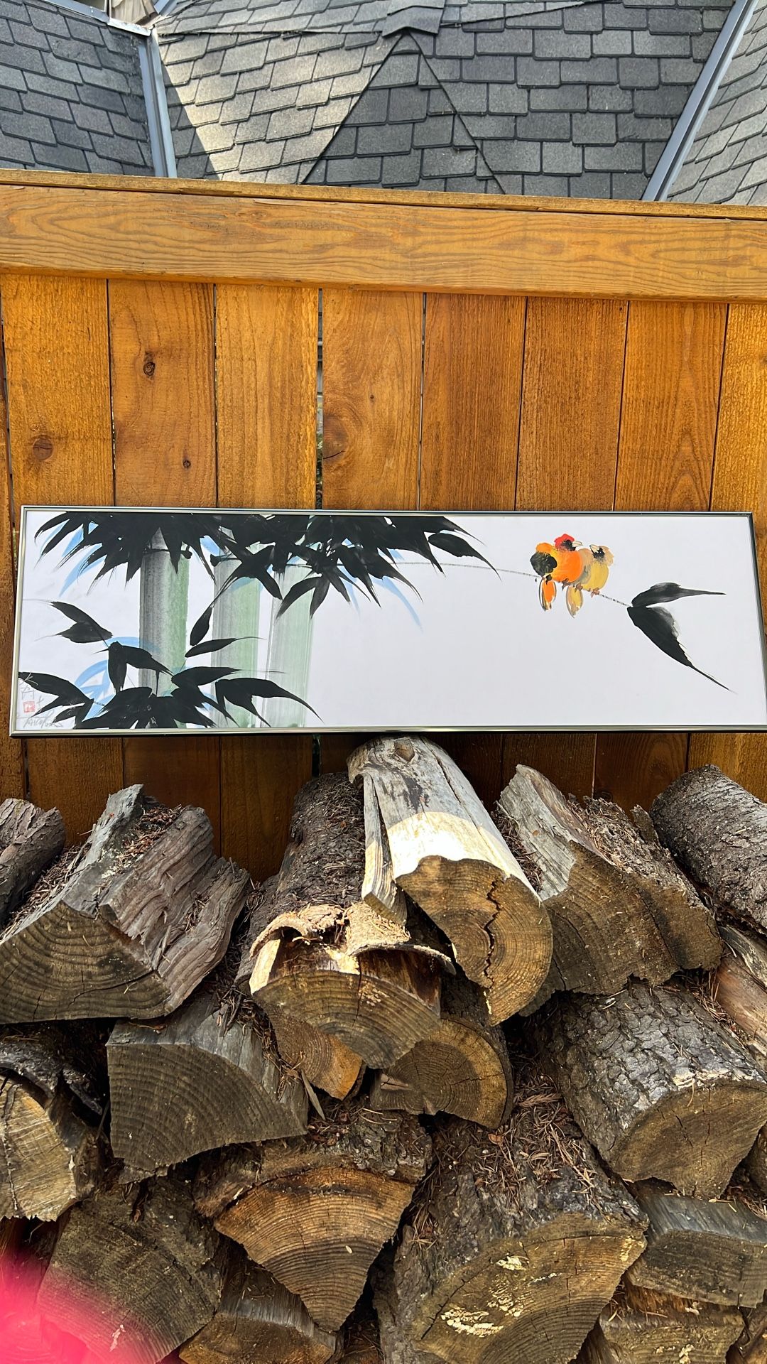 Vintage Signed Asian bird/bamboo painting on silky canvas 3’x11”
