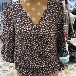 Sienna Sky Womens Crepe Floral V-Neck 3/4 Sleeve Blouse Top Blue Size S