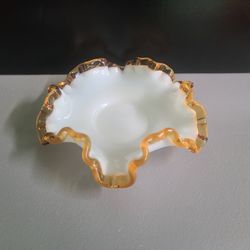 Vintage Fenton Gold Crest Milk Glass Ruffled Edge Trinket Dish 