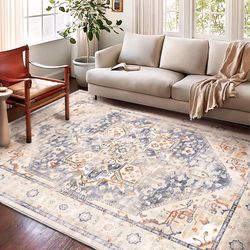Washable Area Rug 9'x12' Blue Khaki Retro Flowers Boho Design Non-Shedding Easy Care Ideal for High Traffic Areas in Living Room Bedroom Office Coffee