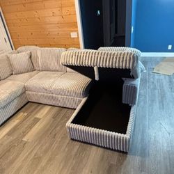 Oversized Corduroy U-Shaped Sectional Sofa With Pullout Bed, USB Ports & Storage!!