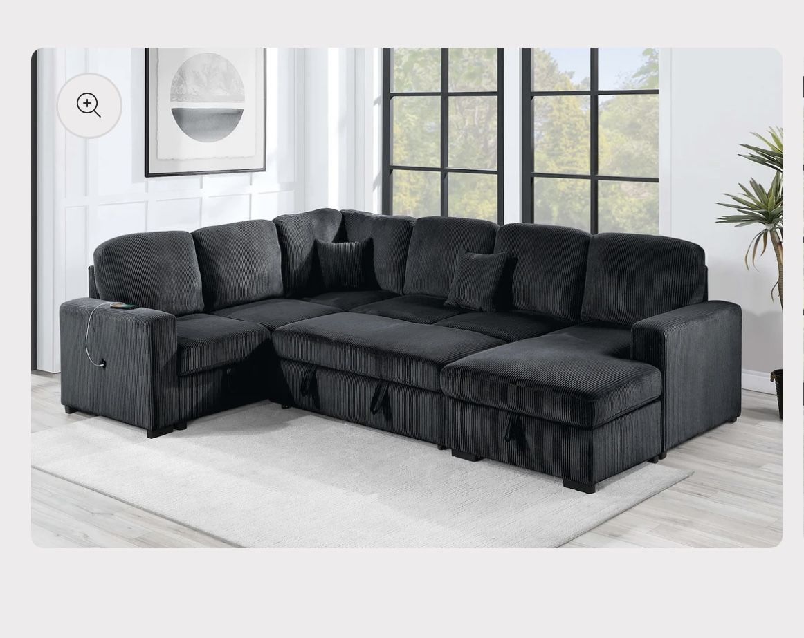 New! Large Sectional Sofa Bed, Plush Sectional Sofa Bed, Sleeper Sofa, Couch, Sectional, Black Sectional Couch,Black Sofa Bed,Corduroy Sleeper Sofa Be