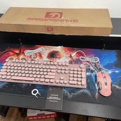 New Pink Typewriter Keyboard and Mouse,Retro Vintage Mechanical Gaming Keyboard with White LED Backlit,104 Keys Anti-Ghosting Blue Switch Wired Cute K