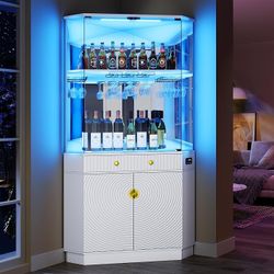 71" Tall Corner Bar Cabinet with RGB Lighting & Motion Sensor LED, Modern Liquor Display Cabinet with Mirror Back & Glass Doors, Corner Wine Rack Towe