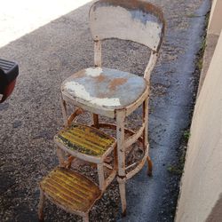 Yellow Cosco folding step stool chair | Vintage rusty metal chair | Mid century rustic plant stand | Retro industrial kitchen decor