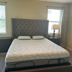 CK Tempurpedic mattress and Adjustable bed frame . Ck tuffed bed frame and 2 ns. 
