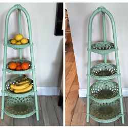 Vintage 4 Tier Mint Green Wicker Multipurpose Stand For Plants, Kitchen. Bathroom, Sunroom, Any Room .
