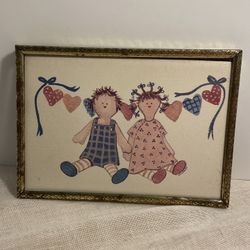 Vintage Framed Folk Art Print with Rag Dolls kids country hearts 70s gold frame Americana