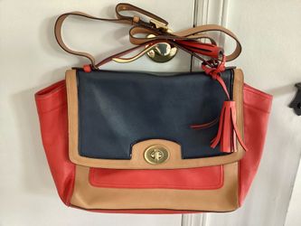 Preowned 2012 Coach Leather Satchel / Crossbody Handbag E1(contact info removed)1 Navy Camel Coral List $498.00