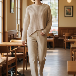 Le Lis beige waffle-knit pullover sweater with drawstring accent