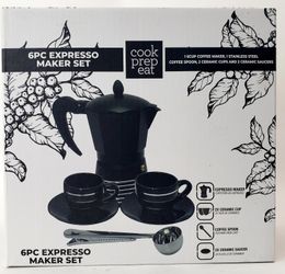 6 piece ESPRESSO MAKER SET by Cook Prep Eat 2 cups 2 suacers spoon & maker