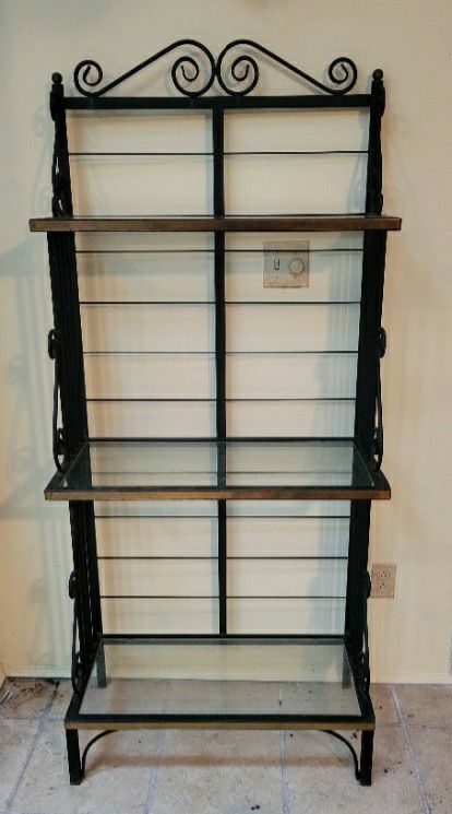 3 tier tall rod iron glass shelves bakers rack 