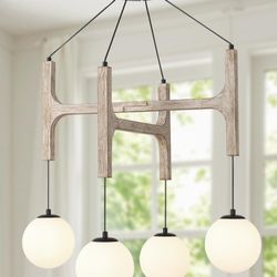 Farmhouse Antique White Wood Chandelier, 4-Lights Rustic Dining Room Light Fixture Kitchen Island Lighting, Vintage Milk Glass Globe Pendant Chandelie