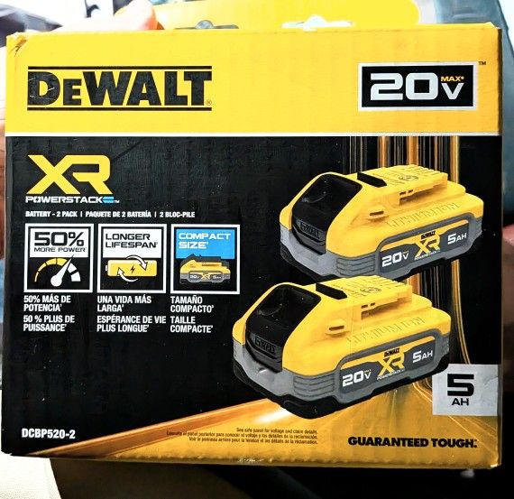 New DeWalt 5AH POWER STACK 20V BATTERIES (2PACK)