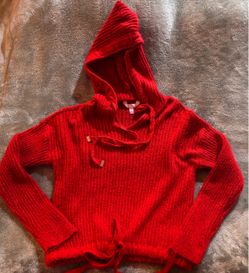 Red Ribbed Knit Hooded Sweater