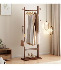 Solid Wood Coat Rack Freestanding, Clothing Rack with 5 Hooks & Bottom Shelf, Coat Rack Stand for Hanging Clothes, Wood Hall Tree Organizer for Entryw