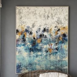 Large Abstract Wall Art – Blue, Gold & Neutral Tones