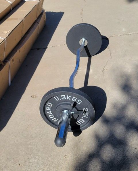 Olympic Curl Bar +Dumbbell Handles +70lb Cast Plates+Spring Collars New
