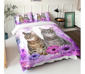 AILONEN Cat Duvet Cover Set .Queen Size,Cat Bedding Sets Purple Flower Duvet