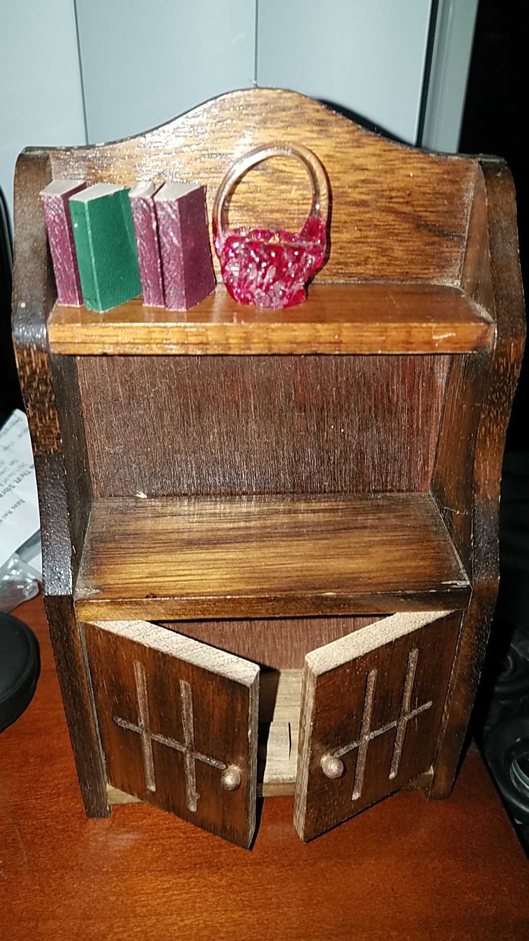1:12 scale antique doll house hutch with books and glass flower basket $10