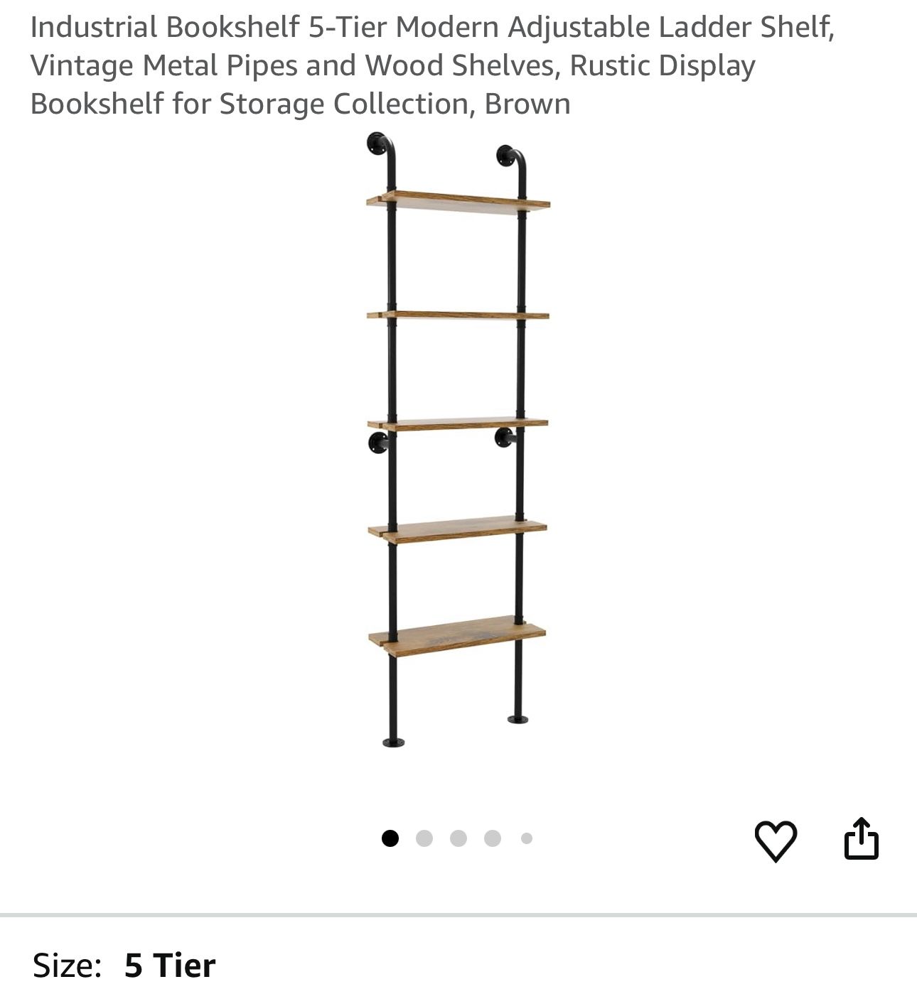 Industrial Bookshelf 5-Tier Modern Adjustable Ladder Shelf, Vintage Metal Pipes and Wood Shelves, Rustic Display Bookshelf for Storage Collection, Bro
