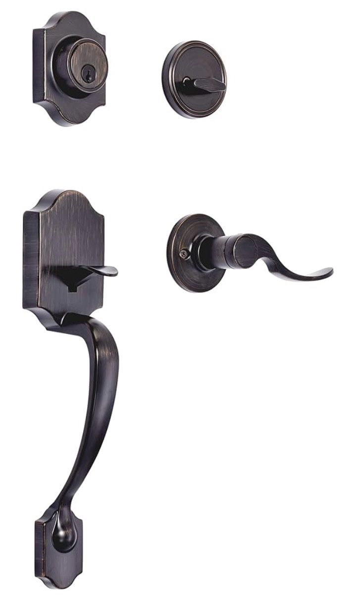 Amazon Basics Front Door Lock Set, Handleset with Shelby Lever, Level Door Handle, Exterior, Single Cylinder Packs, Oil Bronze, 1-Pack