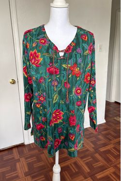 Carole Little vintage green and red floral print blouse size 1X