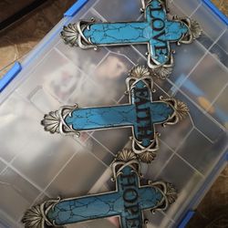 FAUX TURQUOISE AND SILVER CROSSES FAITH LOVR HOPE 11.5"×8" EACH