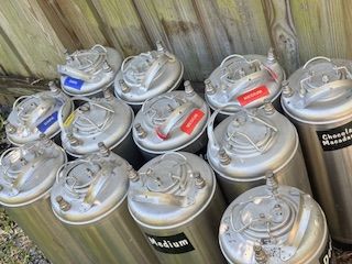 12 stainless steel Cornelius-style (corny) kegs, 5-gallon, ball lock (Pepsi-style posts).