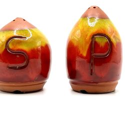 Studio Redware Pottery Salt & Pepper Shakers bright Yellow and Red Glaze Signed 