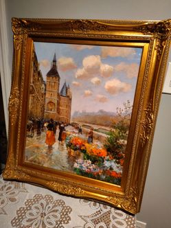 Vintage "Bourdelon" Impressionist Oil on Canvas Painting – Paris Flower Market by the Seine, Beautifully Framed