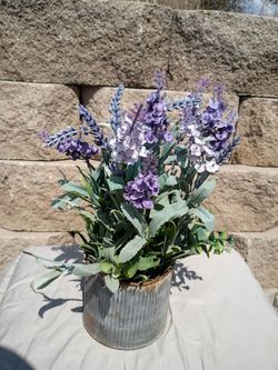 Faux Lavender Floral Arrangement in Galvanized Pot
