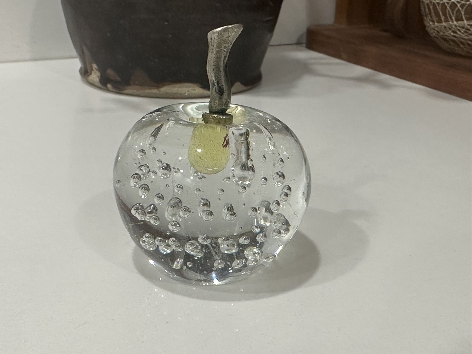 Vintage Small Apple Paperweight Art Glass Controlled Bubbles Brass Stem And Leaf