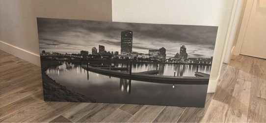 Oversized Black & White Waterfront Cityscape Canvas – 55” Wide