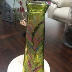 Handcrafted feather painted glass vase
