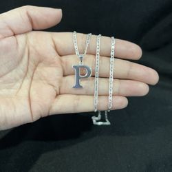925 Sterling Silver Men Women Letter Initial P Letra & Valentino Chain