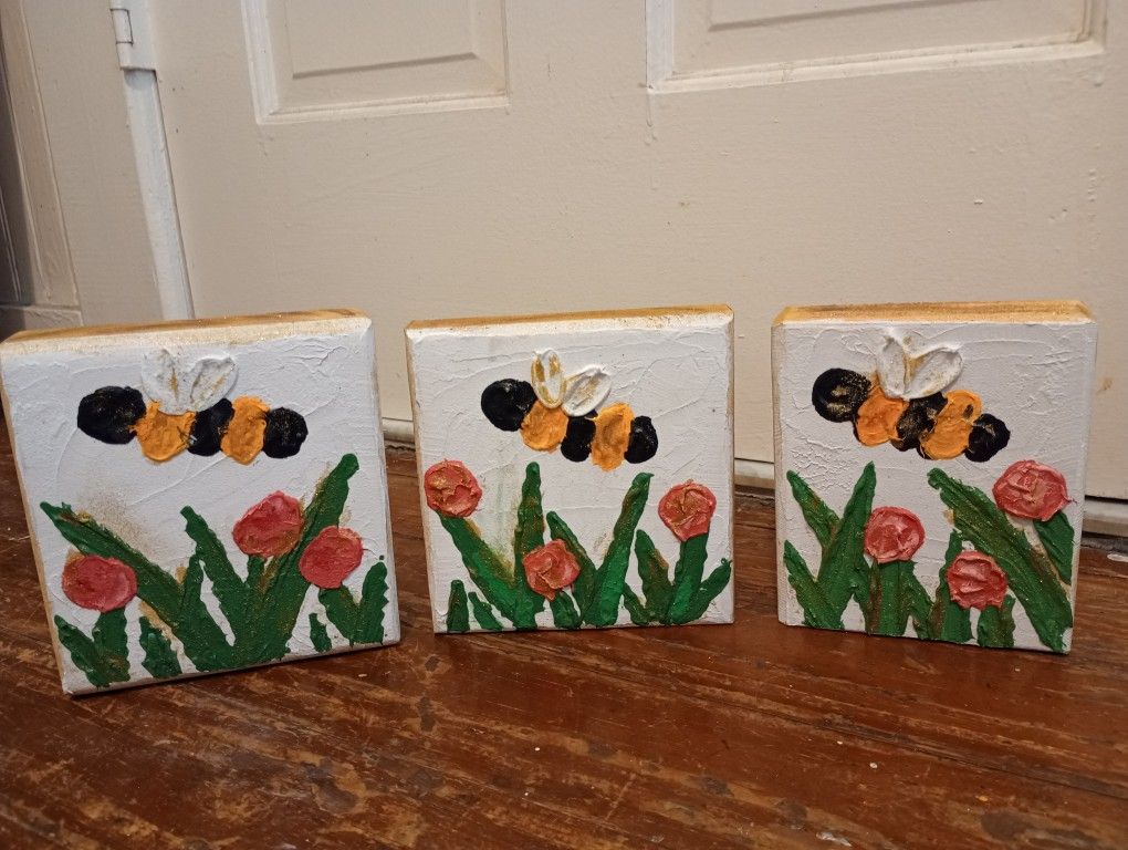 Bee Painting Triptych Artwork *15.00* 6" x 5" and 5" x 5" Home Decor