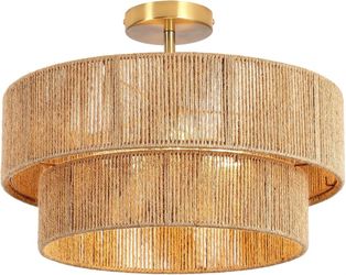 New 18in Boho Rattan Flush Mount Ceiling Light Handwoven Hemp Rope 3-Light Dimmable Semi Flush Gold