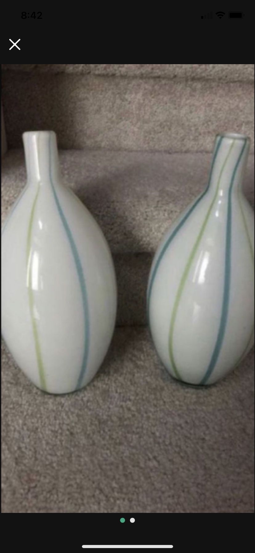 2 Blue Green Striped Glass Vases 11”