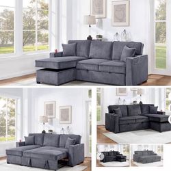 $380 . 2-P Convertible Sectional  Sleeper Sofa W/ Cupholder Sofa Storage & USB Ports  89”x 59”X36”H
