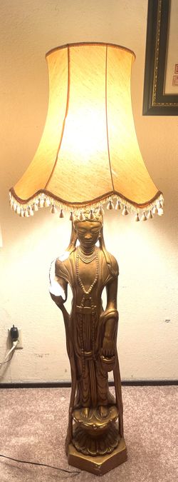 Antique Tall Standing Burmese Buddha Lamp 45” tall (3ft 15inches)  59” tall with shade Has damage to arm but can be repaired. 