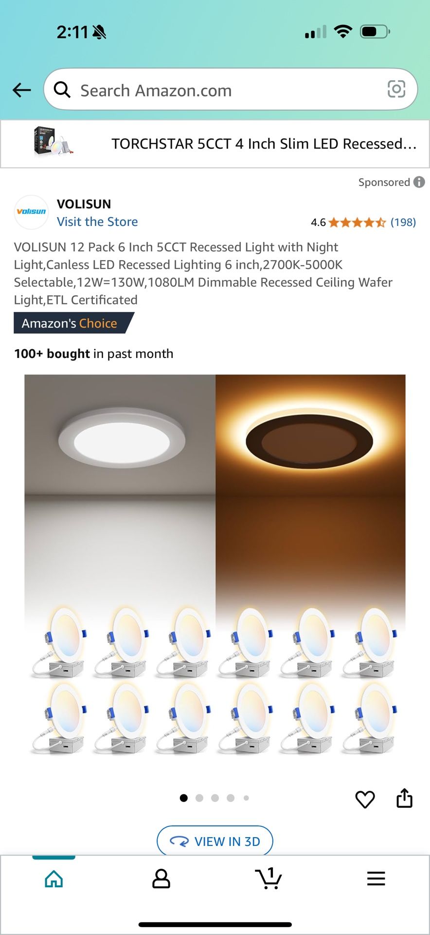 VOLISUN 12 Pack 6 Inch 5CCT Recessed Light with Night Light,Canless LED Recessed Lighting 6 inch,2700K-5000K Selectable,12W=130W,1080LM Dimmable Reces