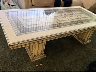 Vintage solid wood and glass Hollywood style coffee table and matching hexagonal side table